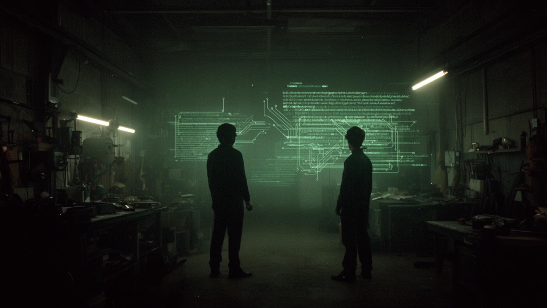 Two figures collaborating in a green-lit workshop